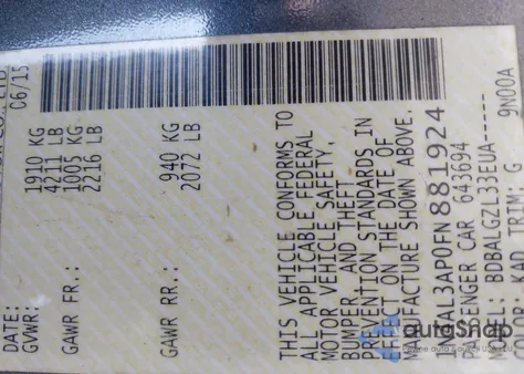 2015 Nissan Altima 2.5/2.5 S/2.5 Sl/2.5 Sv z USA, uszkodzony, nr VIN 1N4AL3AP0FN881924